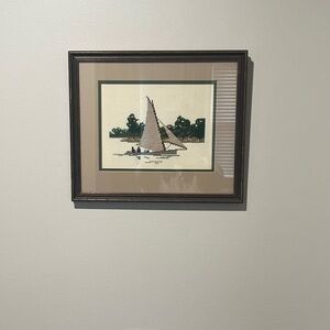 Vintage Sailboat Needlepoint Art | Framed & Matted Wall Decor 14x12 Nautical